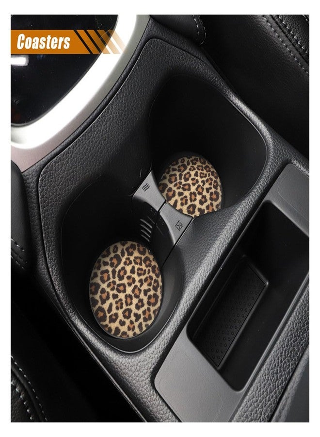 SMILFUY 4pc Car Accessories Set, Leopard Cheetah Print Steering Wheel Cover (14-15 inches), 2pcs Car Cup Holder, Quarter Keyring, Universal - Image 4