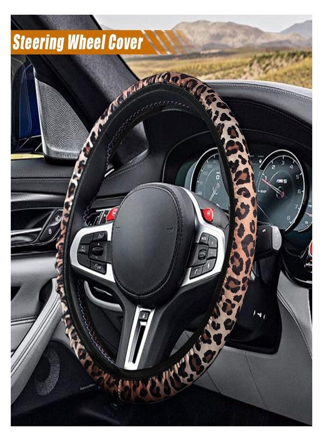 SMILFUY 4pc Car Accessories Set, Leopard Cheetah Print Steering Wheel Cover (14-15 inches), 2pcs Car Cup Holder, Quarter Keyring, Universal - Image 2