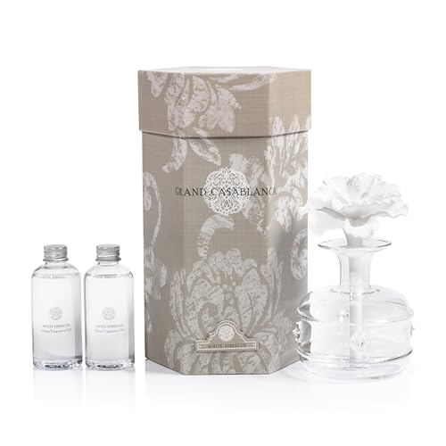 Zodax Grand Casablanca Porcelain Oil Diffuser - Home Fragrance Oil Diffuser Ideal for Living Room, Bathroom, Office - Flower Design - Gift Box Packaging Included - White Hibiscus - 6.76 Oz. - Image 1