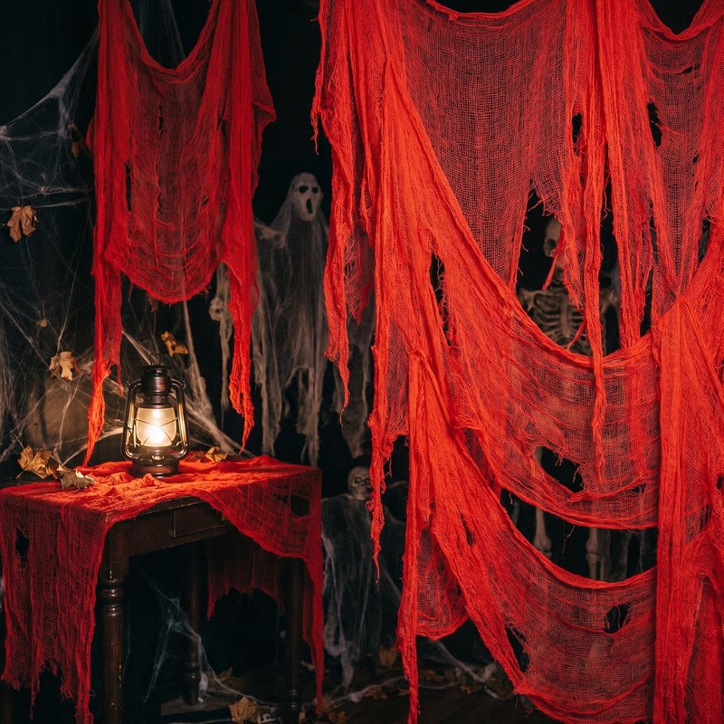 RunNico 500'' x 39'' Large Size Halloween Blood Red Scary Gauze, Fine Yarn Bloody Creepy Cloth for Haunted House, Spooky Fabric Hanging Decoration for Horror Nightmare Party Porch Yard Wall Decor - Image 1