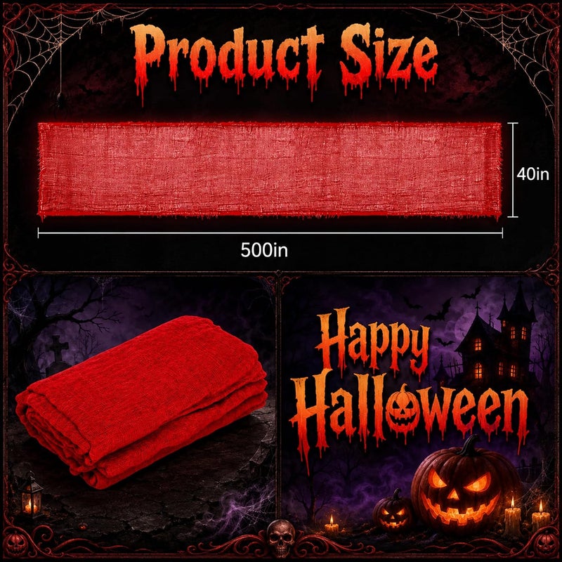 RunNico 500'' x 39'' Large Size Halloween Blood Red Scary Gauze, Fine Yarn Bloody Creepy Cloth for Haunted House, Spooky Fabric Hanging Decoration for Horror Nightmare Party Porch Yard Wall Decor - Image 2