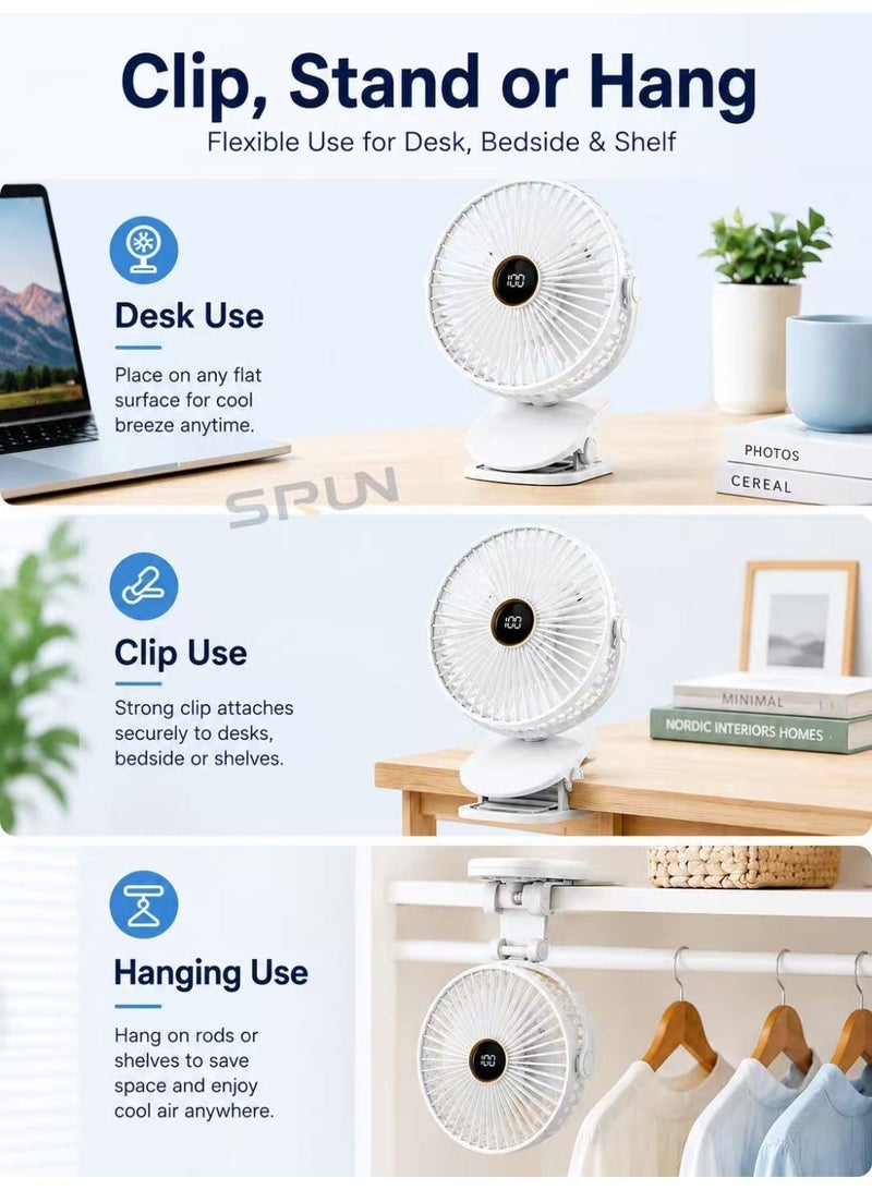 مروحة SRUN محمولة قابلة للشحن بمشبك 6 بوصات مع 5 سرعات وضوء ليلي دافئ، مروحة مكتب USB محمولة - Image 5