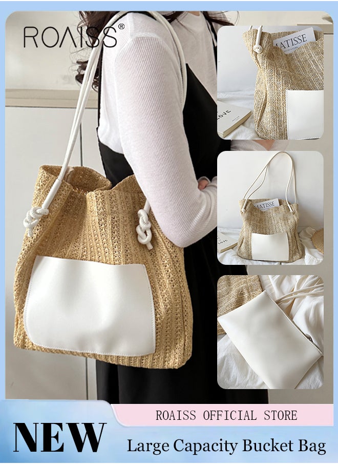 roaiss - Women Woven Tote Bag Large Capacity Shoulder Crossbody Bag Retro Style Woven Craft Beach Bag Woven Basket Bags - Image 1