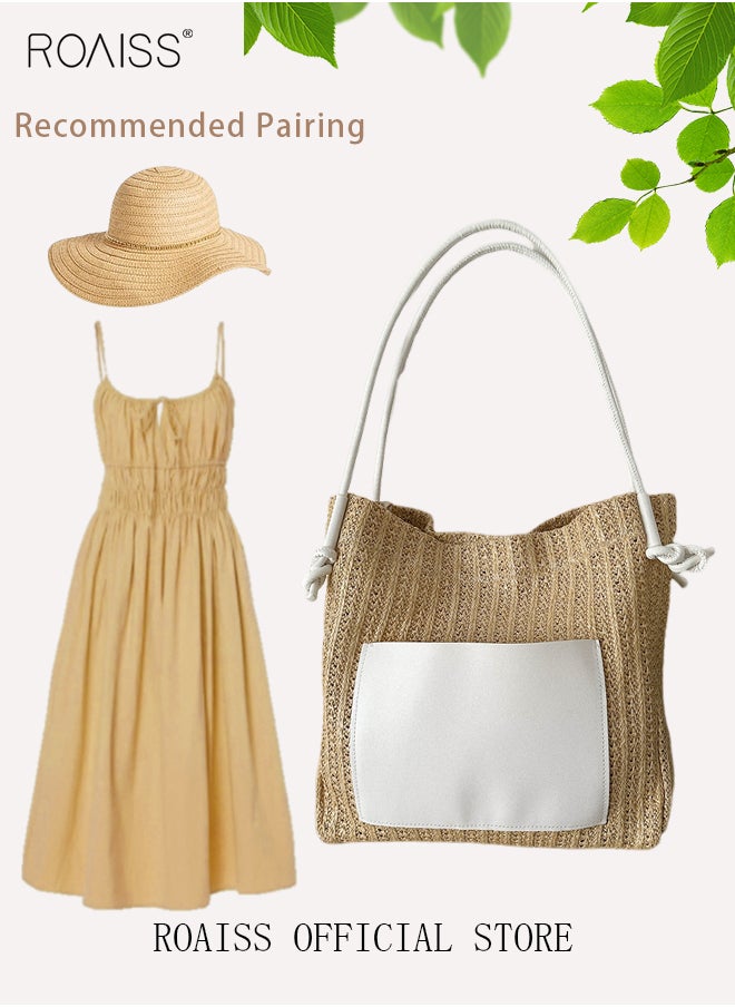 roaiss - Women Woven Tote Bag Large Capacity Shoulder Crossbody Bag Retro Style Woven Craft Beach Bag Woven Basket Bags - Image 1