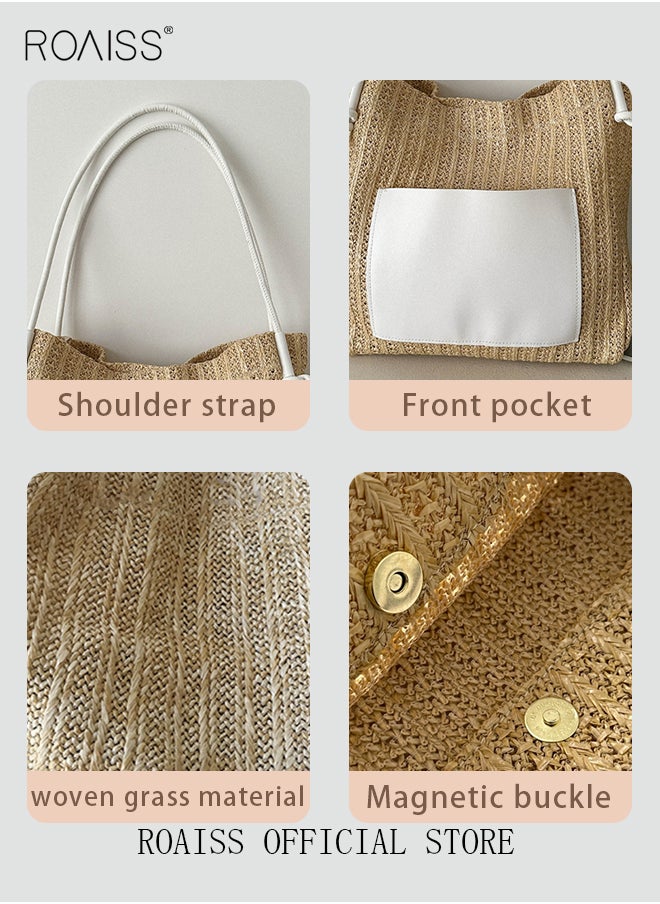 roaiss - Women Woven Tote Bag Large Capacity Shoulder Crossbody Bag Retro Style Woven Craft Beach Bag Woven Basket Bags - Image 1