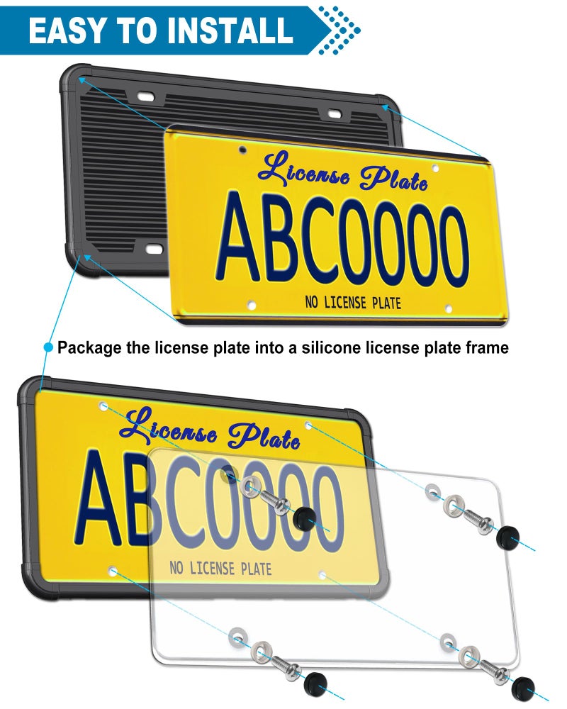 ZXFOOG License Plate Frames Covers- Clear Flat Car Tag Cover with Black Silicone Holder, 2 Sets Unbreakable Transparent Protectors for Front Rear, with Screws Caps - Image 5