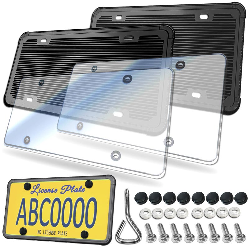 ZXFOOG License Plate Frames Covers- Clear Flat Car Tag Cover with Black Silicone Holder, 2 Sets Unbreakable Transparent Protectors for Front Rear, with Screws Caps - Image 1
