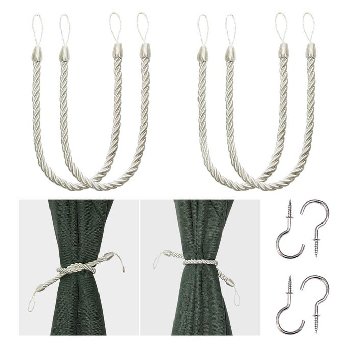 CURTAIN ROPE TIEBACKS DRAPERY ROPE HOLDBACKS WITH 4 METAL SCREW HOOKS CREAM 4PACK