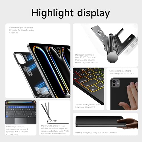 HOU for iPad Pro 11 Inch Case with Keyboard M5 2025/M4 2024(ONLY),Magic Keyboard iPad Pro 11 Inch (5th Gen) Keyboard Case,Click-Anywhere Trackpad,7 Colors Backlight,Easy-Set,Black - Image 4