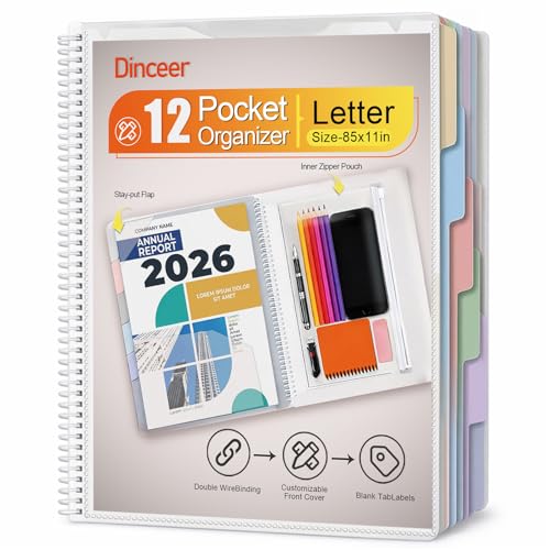 Dinceer 12 Pocket Project Organizer Folder by Dinceer, Letter Size Expandable File Organizer with 6 Color Dividers, Quick View Clear Cover Pocket, Inner Zipper Pouch, Heavy Duty Plastic - Image 1