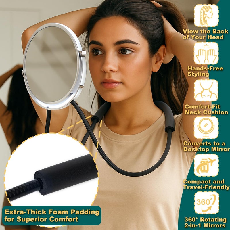 BESZONE Double Sided Mirror to See Back of Head Self Haircut Mirror 360 Rotating, 6.7" Standard and 5X Magnification, Self Cut Hands Free, Adjustable Neck Strap for Hair Cutting Braiding Makeup Travel - Image 4