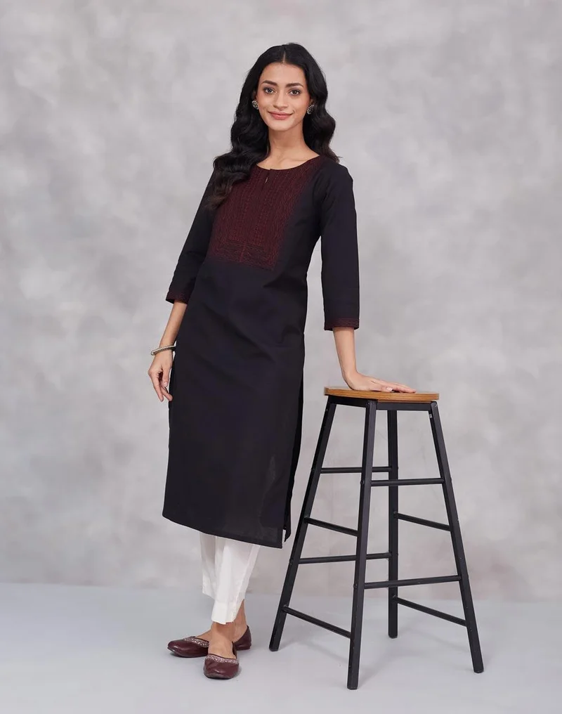 فاب انديا Black Cotton Linen Long Kurta