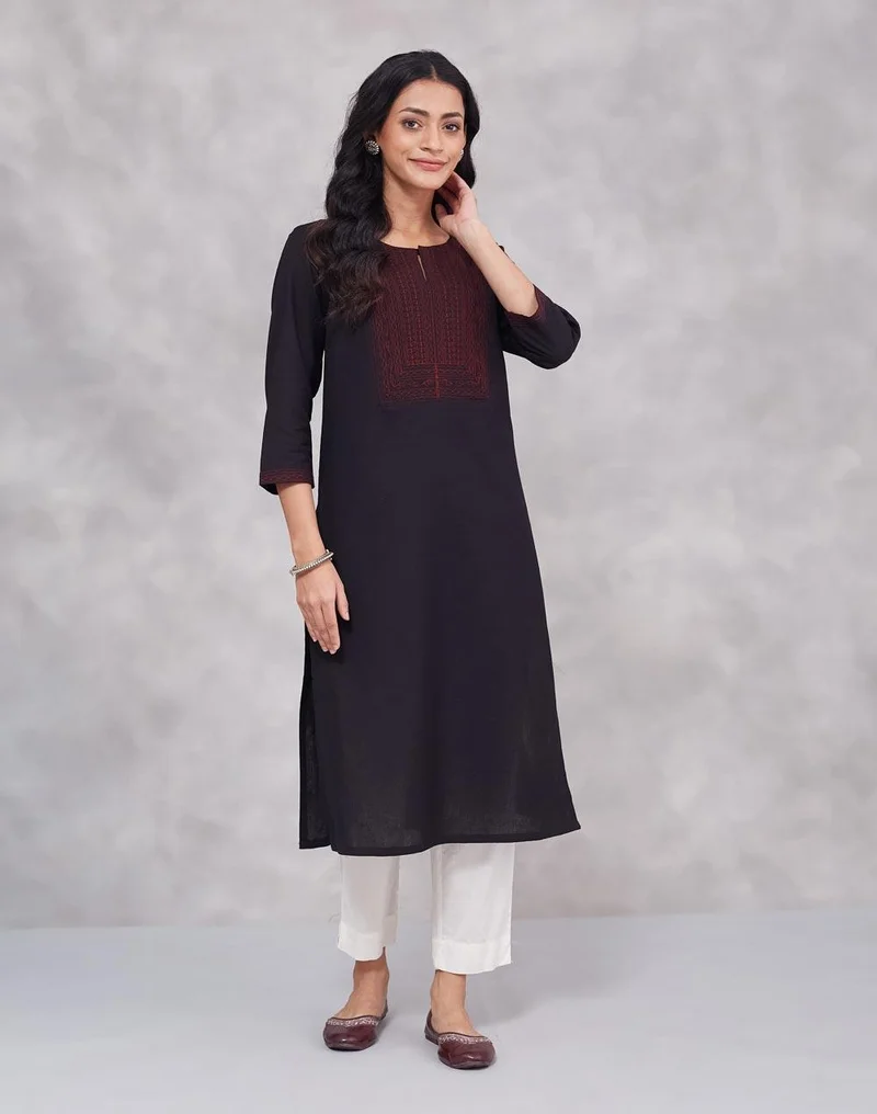 فاب انديا Black Cotton Linen Long Kurta