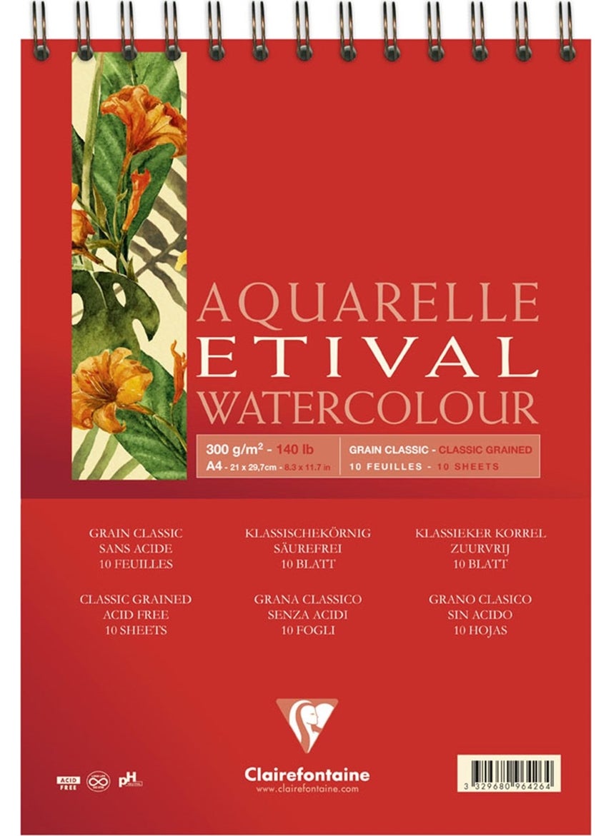 Clairefontaine Etival Classic Watercolor Notebook Block A4 with Spiral Top 300 Gr. 30 Sheets 