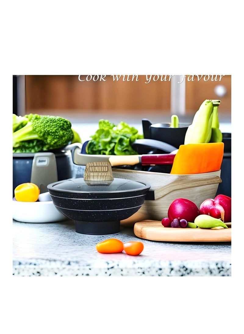 Auroware - Auroware 26CM Non Stick Wok Pan with Glass Lid Forged Aluminium Black Induction Bottom Dishwasher safe Three Layer Coating Kitchen Cooking Healthy and Safe - Image 1