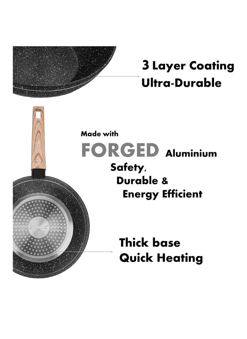 Auroware - Auroware 26CM Non Stick Wok Pan with Glass Lid Forged Aluminium Black Induction Bottom Dishwasher safe Three Layer Coating Kitchen Cooking Healthy and Safe - Image 1