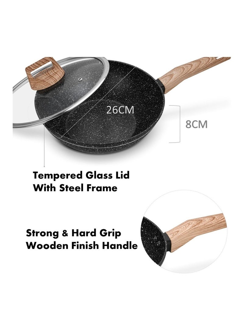 Auroware - Auroware 26CM Non Stick Wok Pan with Glass Lid Forged Aluminium Black Induction Bottom Dishwasher safe Three Layer Coating Kitchen Cooking Healthy and Safe - Image 1
