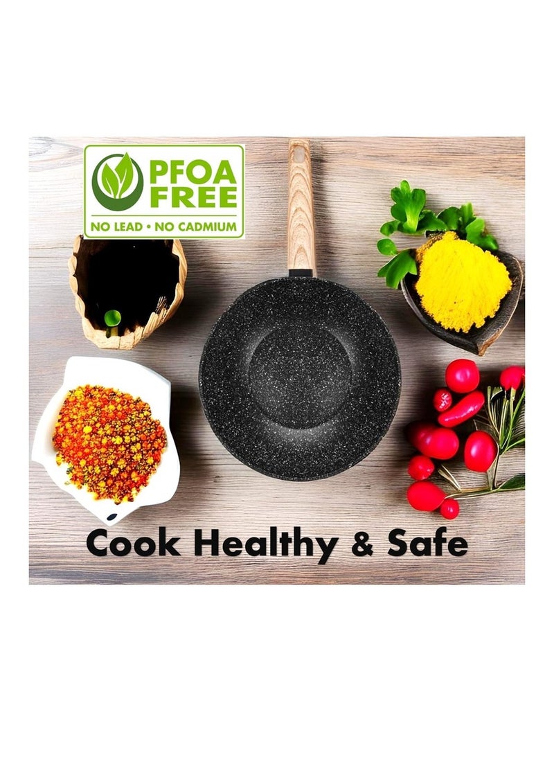 Auroware - Auroware 26CM Non Stick Wok Pan with Glass Lid Forged Aluminium Black Induction Bottom Dishwasher safe Three Layer Coating Kitchen Cooking Healthy and Safe - Image 1