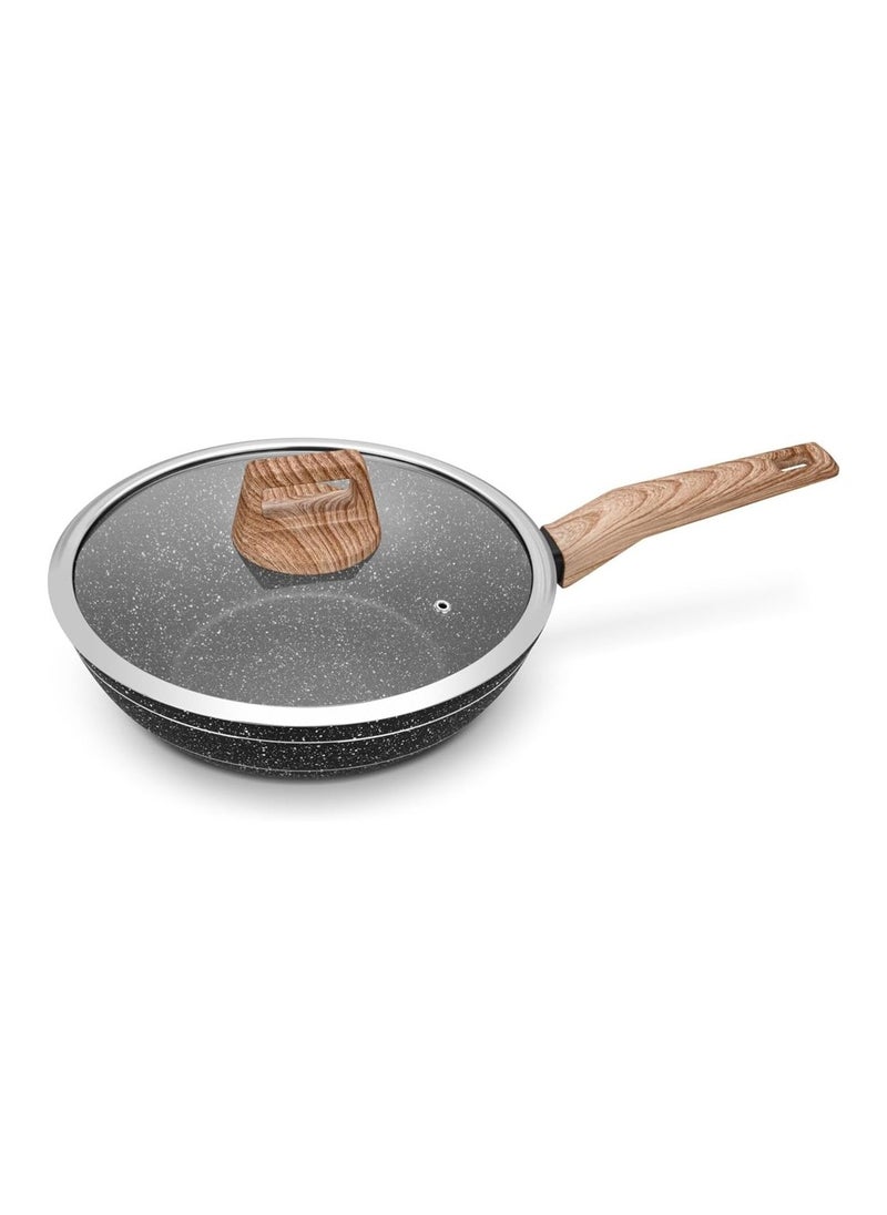 Auroware - Auroware 26CM Non Stick Wok Pan with Glass Lid Forged Aluminium Black Induction Bottom Dishwasher safe Three Layer Coating Kitchen Cooking Healthy and Safe - Image 1
