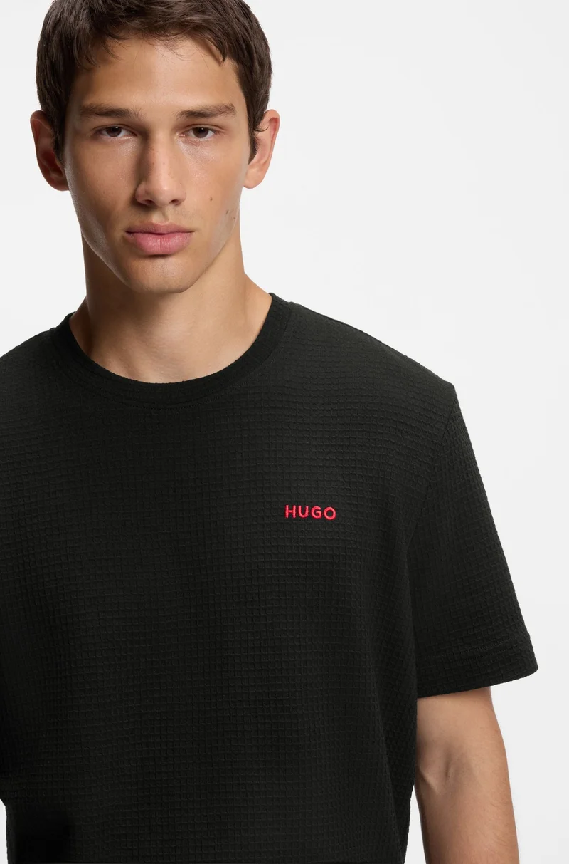 HUGO Black Waffle-structured pyjama T-shirt with embroidered logo for Men | Best Price UAE