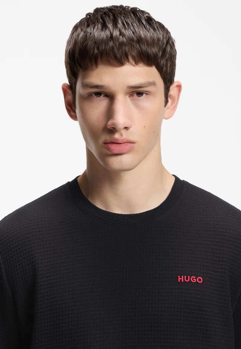 HUGO Black Waffle-structured pyjama T-shirt with embroidered logo for Men | Best Price UAE