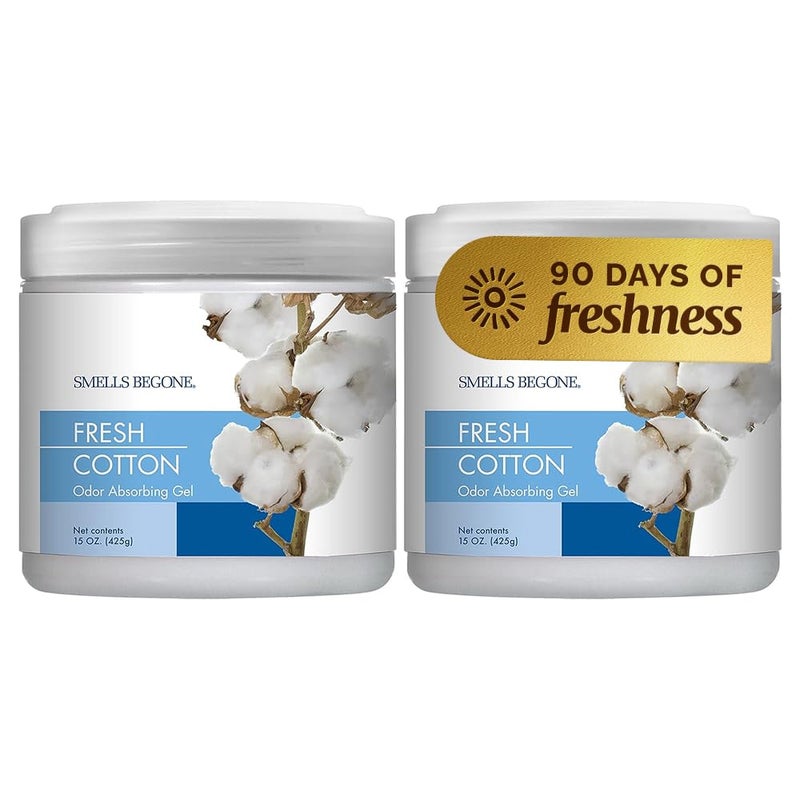 SMELLS BEGONE Air Freshener Odor Absorber Gel - 15 oz, Pack of 2 - Absorbs and Eliminates Odor in Pet Areas, Bathrooms, Cars, & Boats - Made with Essential Oils - Fresh Cotton Scent - Image 1