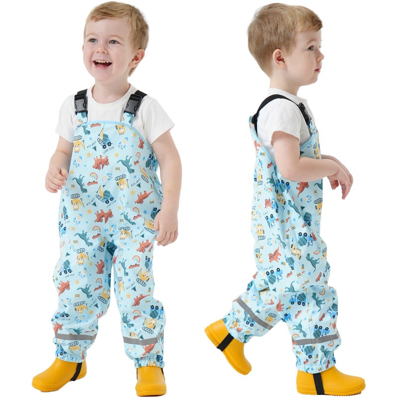 Fewlby Toddlers Waterproof Bib Pants, Boys Rain Pants Kids Cartoon Rain Trousers Lightweight Mud Pants Rainwear - Image 1