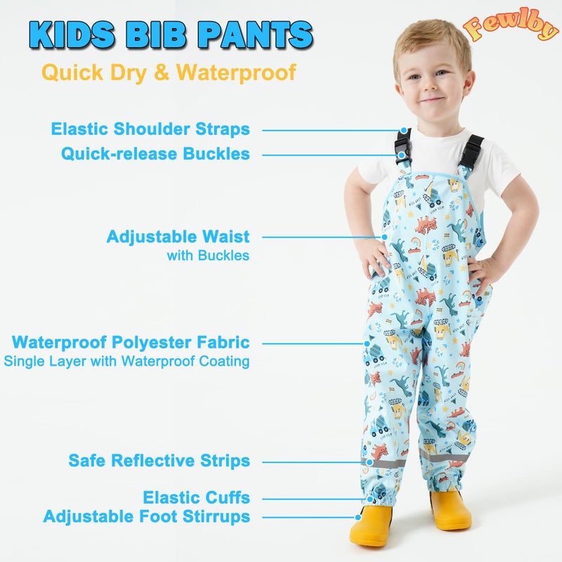 Fewlby Toddlers Waterproof Bib Pants, Boys Rain Pants Kids Cartoon Rain Trousers Lightweight Mud Pants Rainwear - Image 3