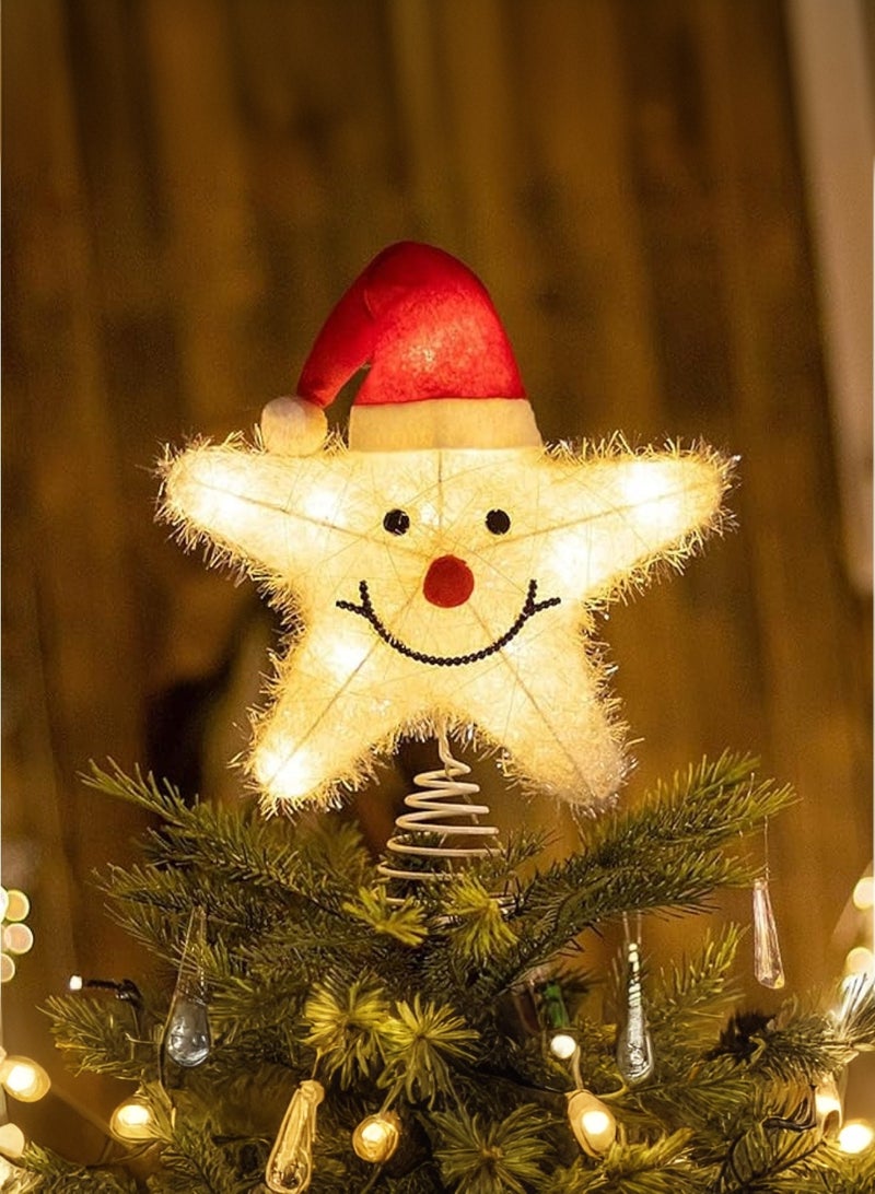 LOOPITYS 11 inch Christmas tree top star decoration light (with 10 LED lights, warm light, requires 2 AA batteries, not including batteries) with smiling face and Christmas hat, shining metal Christmas tree decoration light, suitable for home, party, vacation, winter, Christmas decoration - Image 1
