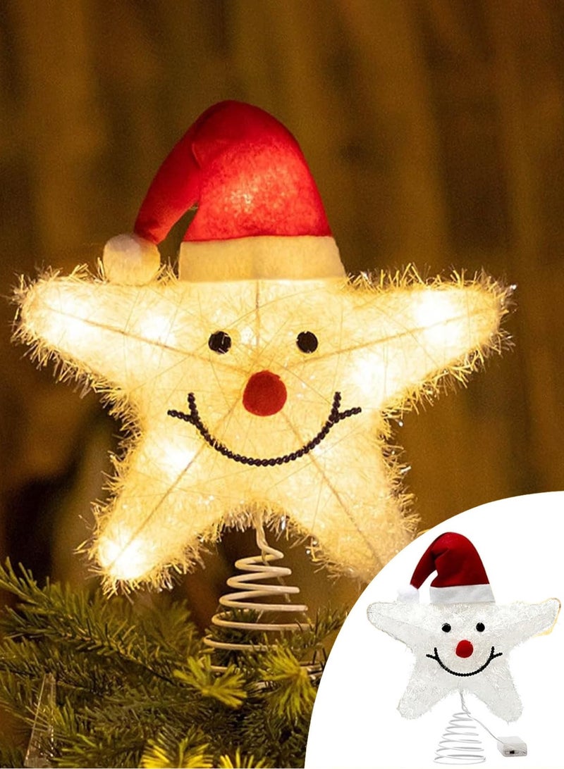 LOOPITYS 11 inch Christmas tree top star decoration light (with 10 LED lights, warm light, requires 2 AA batteries, not including batteries) with smiling face and Christmas hat, shining metal Christmas tree decoration light, suitable for home, party, vacation, winter, Christmas decoration - Image 5