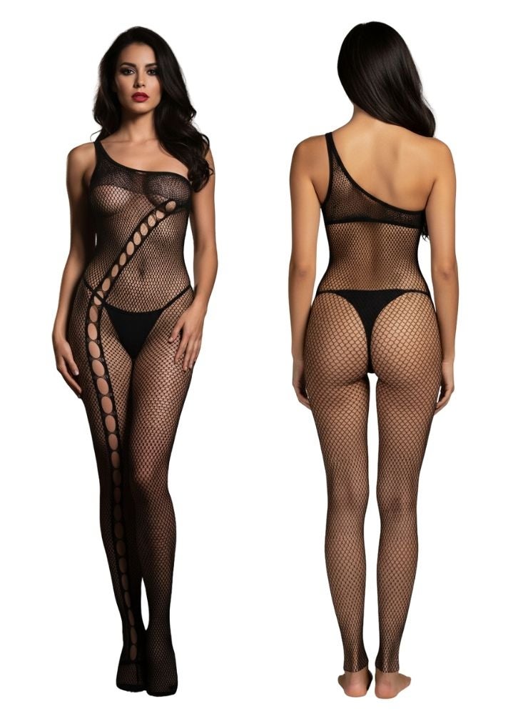 Cute One Shoulder Fishnet Bodystocking – Unique Pattern Stretchable Free Size Lingerie - Image 2
