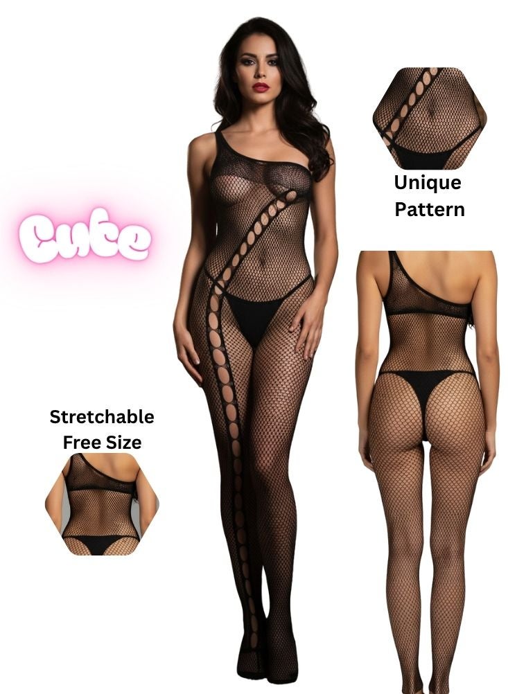 Cute One Shoulder Fishnet Bodystocking – Unique Pattern Stretchable Free Size Lingerie - Image 1