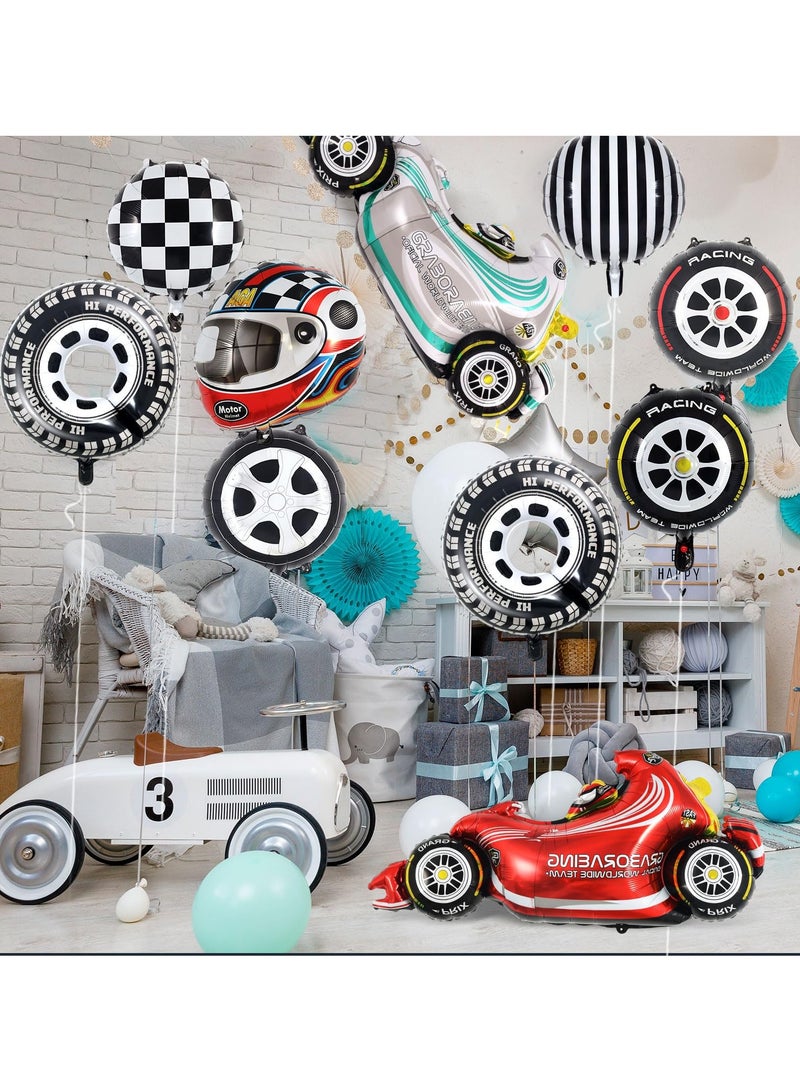 Barakah 10 PCS Race Car Balloons, Foil Helmet, Checkered Balloons, and Hot Wheel Tire Balloons, Race Car Party Supplies for Boy's Birthday, Race Cars Theme Decorations - Image 5