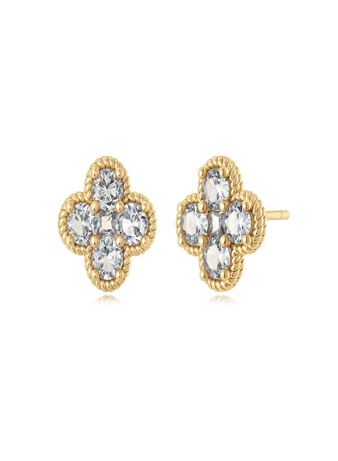 MYEARS Stud Earrings for Women Gold Flower Four-leaf-clover 12 Month Birthstone 14K Small Simple Hypoallergenic Birthday Gift Jewelry, One Size, Brass Metal Yellow Gold, Cubic Zirconia - Image 1