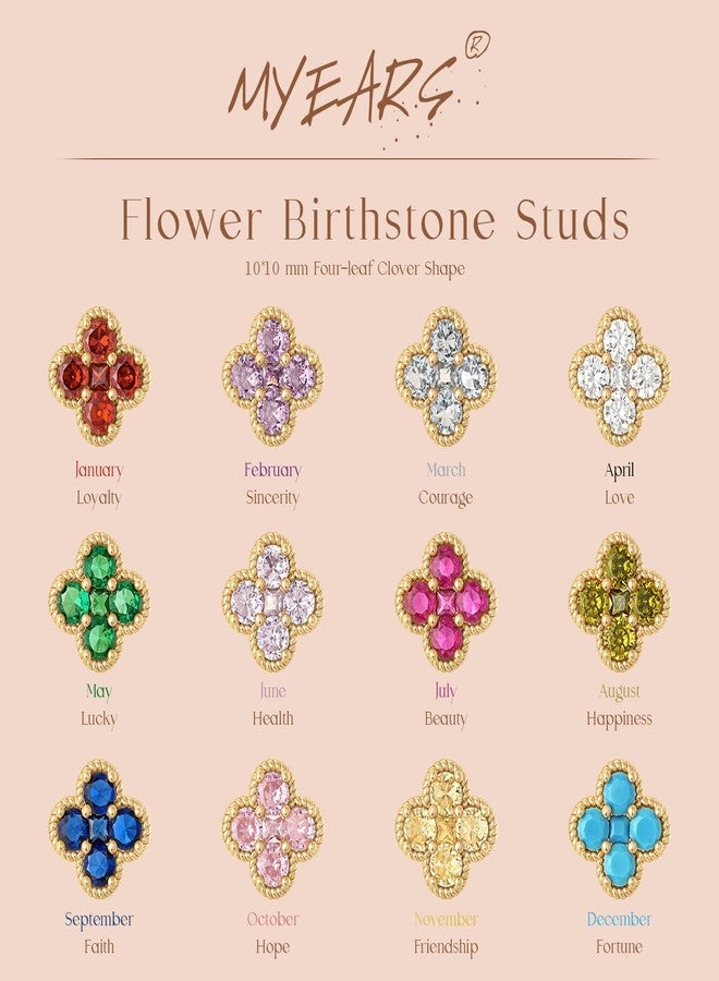 MYEARS Stud Earrings for Women Gold Flower Four-leaf-clover 12 Month Birthstone 14K Small Simple Hypoallergenic Birthday Gift Jewelry, One Size, Brass Metal Yellow Gold, Cubic Zirconia - Image 4