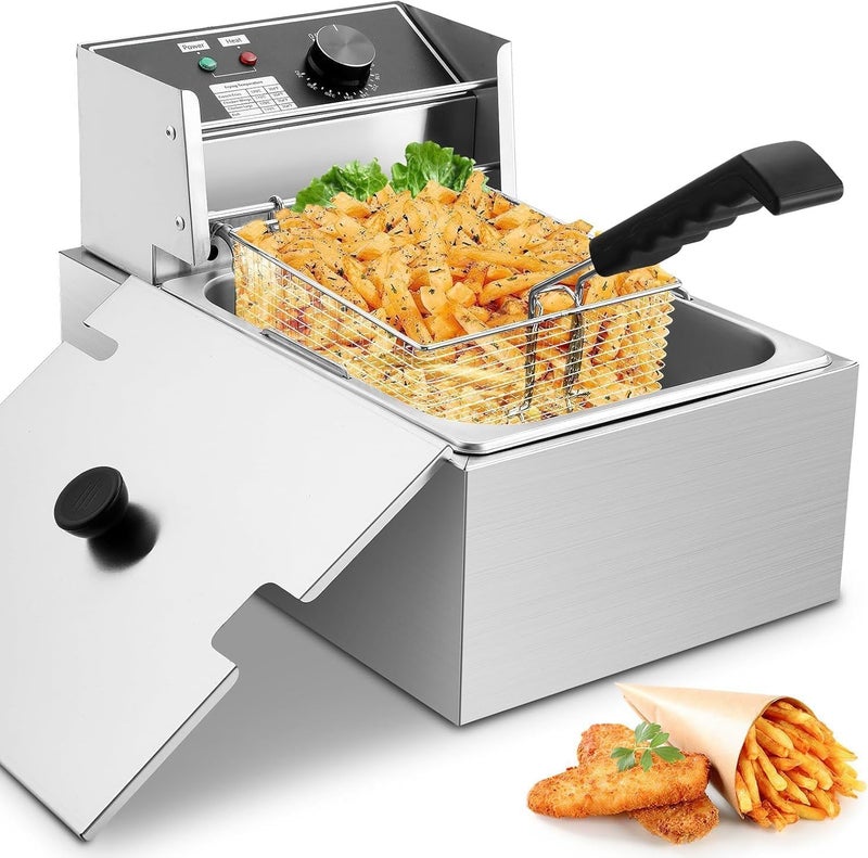 AOHRYME Deep Fryer with Basket 6.3 QT/6L 2200W Stainless Steel Electric Deep Fryer with Frying Basket Strainer Adjustable Temperature and Timer Removable Oil Container for Restaurant or Home Use (6L) - Image 1