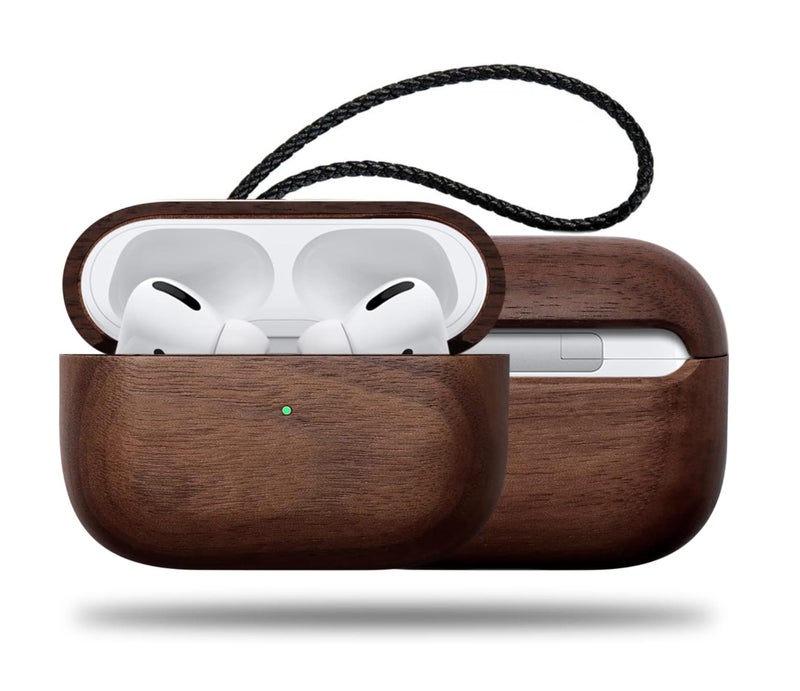 KRZNA Walnut Wooden AirPods Pro 1 and 2 Case, Handcrafted Wood Slim AirPod Cover, Inner Scratch Resistant Lining, Protective Air Pods Case, Minimalist with Leather Lanyard and Brass Hook (Walnut) - Image 1