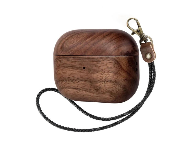 KRZNA Walnut Wooden AirPods Pro 1 and 2 Case, Handcrafted Wood Slim AirPod Cover, Inner Scratch Resistant Lining, Protective Air Pods Case, Minimalist with Leather Lanyard and Brass Hook (Walnut) - Image 4