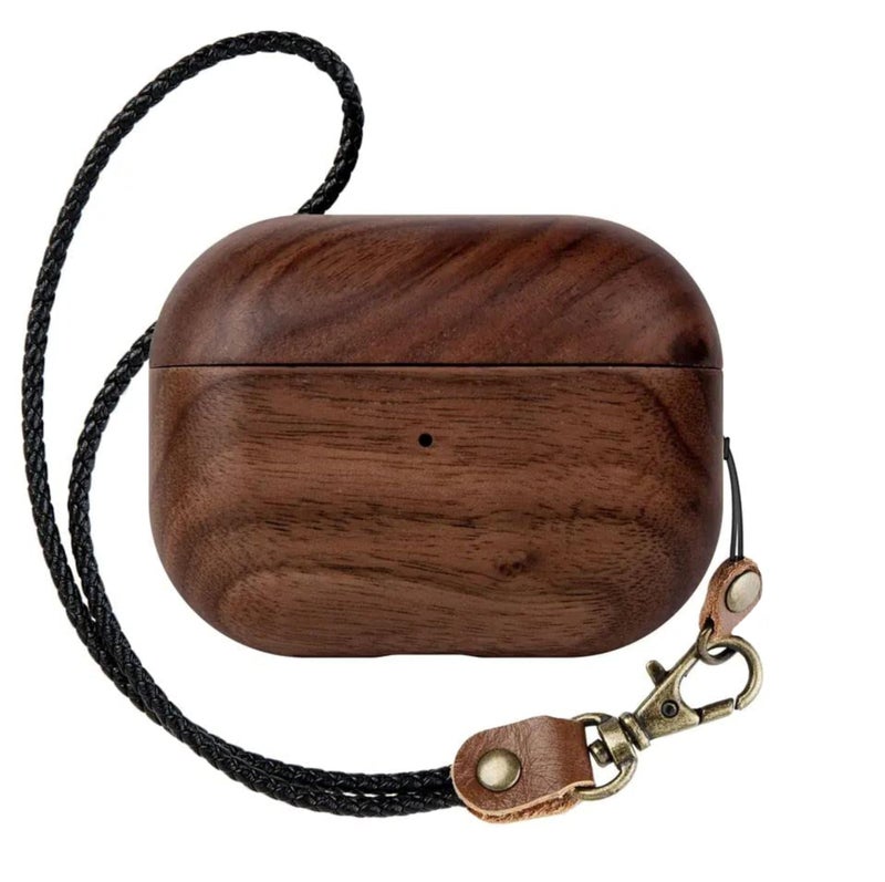 KRZNA Walnut Wooden AirPods Pro 1 and 2 Case, Handcrafted Wood Slim AirPod Cover, Inner Scratch Resistant Lining, Protective Air Pods Case, Minimalist with Leather Lanyard and Brass Hook (Walnut) - Image 3
