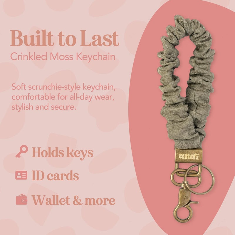 ANDI Wristlet Keychain for Women, Scrunchie Bracelet Key Ring With Clip Closure, Stretchy & Comfortable Wrist Lanyard, Key Chain For Car Keys, ID Cards (CrinkledMoss_Key_M) - Image 3