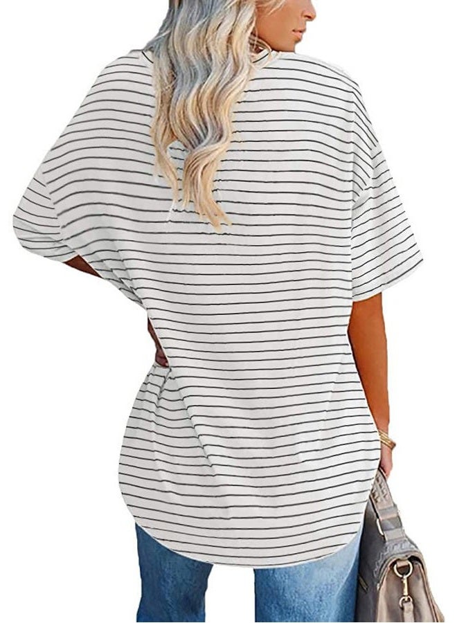 Fisoew Womens Striped Oversized Tees Loose T Shirts Half Sleeve Crew Neck Cotton Tunic Tops with Pockets - Image 2