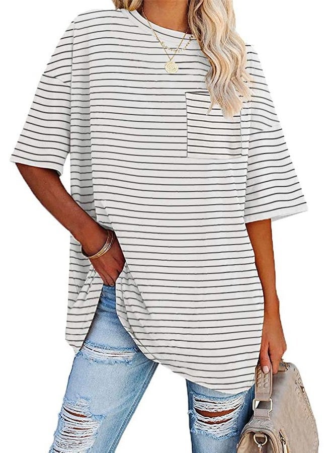 Fisoew Womens Striped Oversized Tees Loose T Shirts Half Sleeve Crew Neck Cotton Tunic Tops with Pockets - Image 1