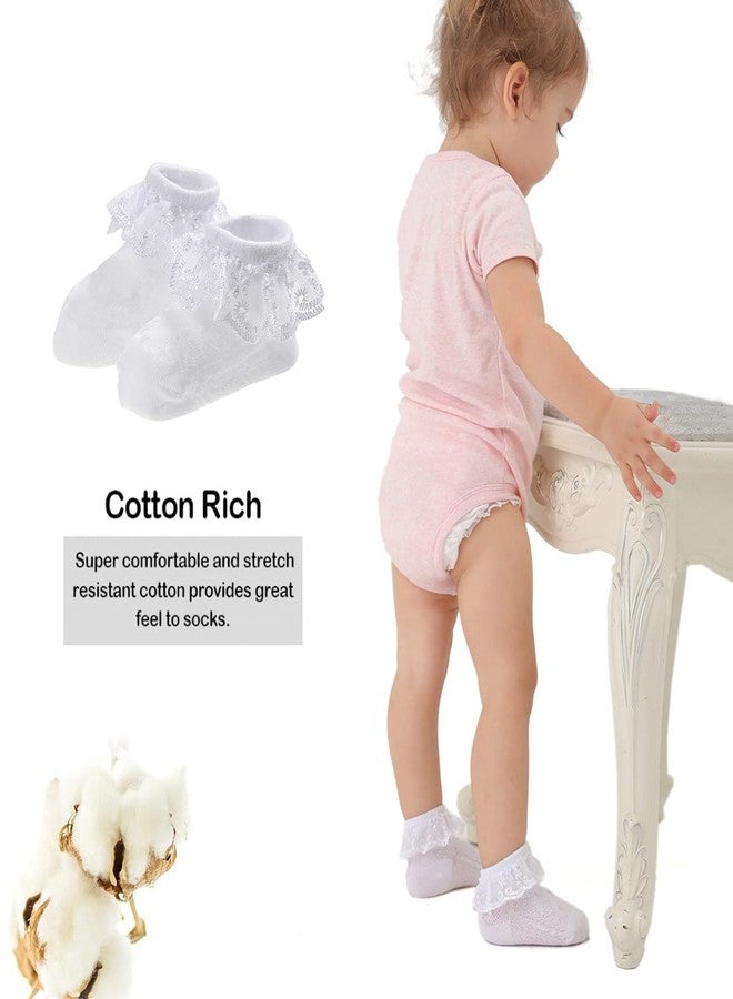 Marchare Baby Lace & Frilly Socks - 3 Pack Newborn Girls' Ruffle Eyelet Princess Cotton Socks, White (0-3 Months) - Image 4