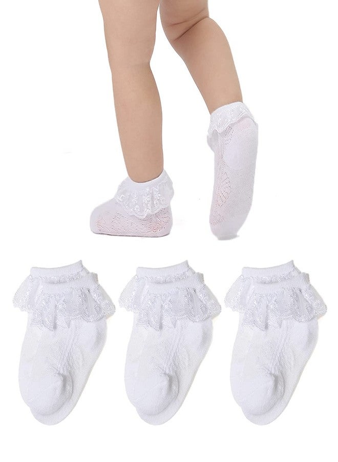 Marchare Baby Lace & Frilly Socks - 3 Pack Newborn Girls' Ruffle Eyelet Princess Cotton Socks, White (0-3 Months) - Image 1