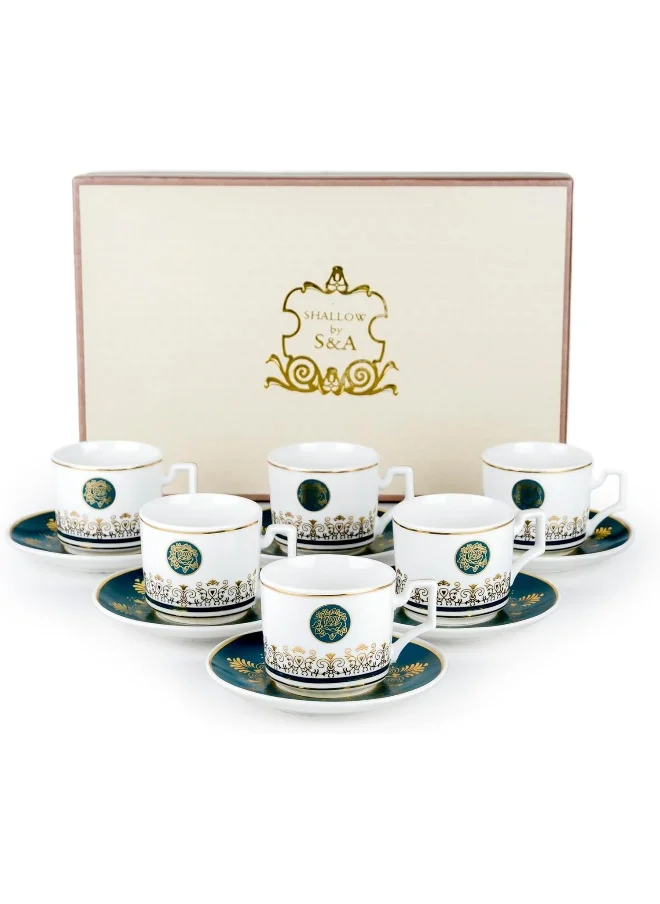 كويزين أرت Shallow Porcelain Ceramic 6-Piece 183Cc Tea Cup Set In White And Blue - Elegant Porcelain Cups For Tea Lovers