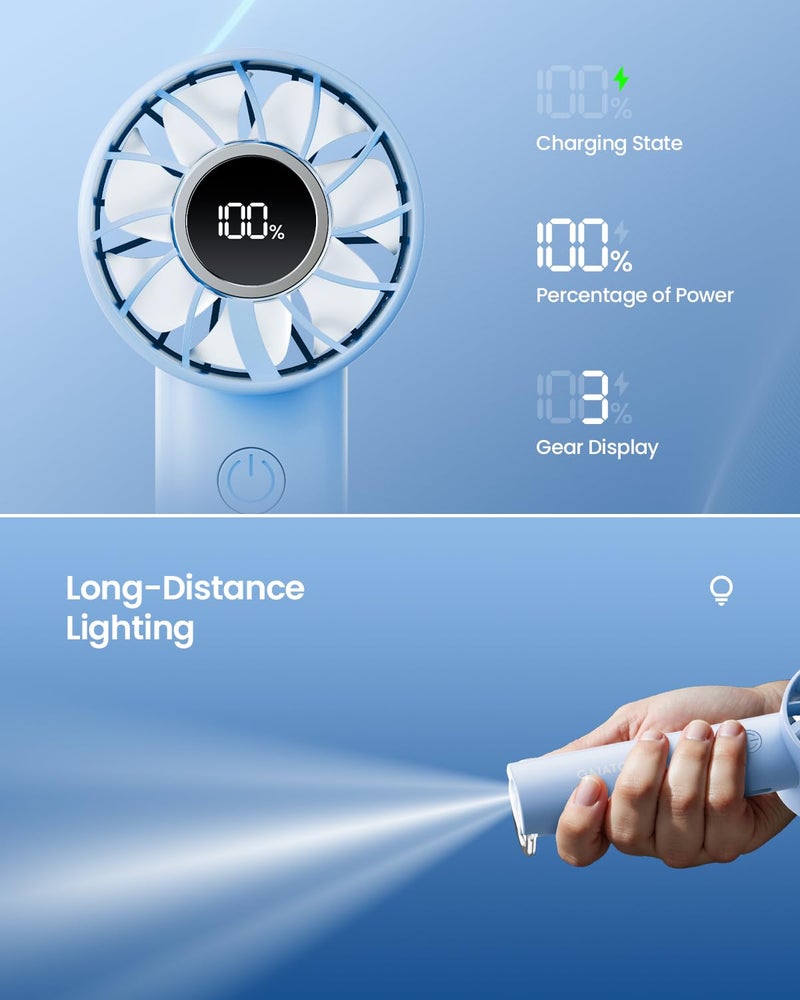 Gaiatop Mini Hand Fan, Powerful Handheld Fan, 3 Speed Strong Wind Personal Small Desk Fan with LED Torch, Rechargeable USB Fan for Girl Women Travel Indoor Outdoor Use - Image 4