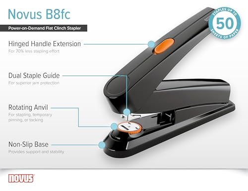 Novus B8fc Flat Clinch Stapler, 70% Less Effort, 50 Sheet Capacity, Dual Staple Guide, German Engineered, Staple|Pin|Tack, Black (020-1673) - Image 5