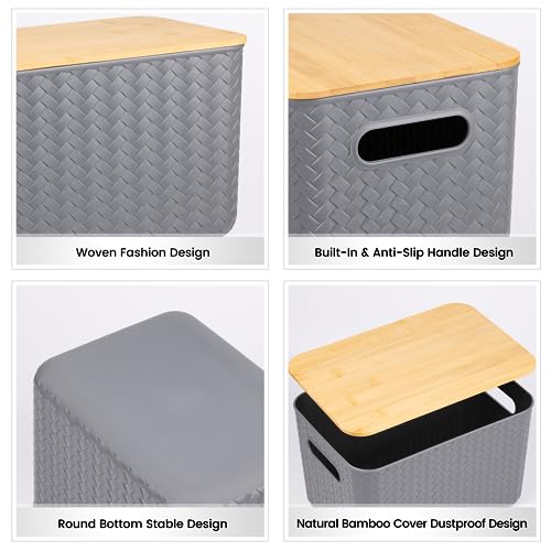 Ohmlove 4 Packs Storage Bins with Bamboo Lids - Plastic Storage Containers with Lids Stackable Storage Box：Storage Baskets for Organizing Desktop Closet Playroom Classroom Office,Gray - Image 3