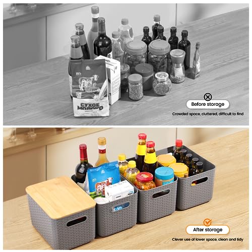 Ohmlove 4 Packs Storage Bins with Bamboo Lids - Plastic Storage Containers with Lids Stackable Storage Box：Storage Baskets for Organizing Desktop Closet Playroom Classroom Office,Gray - Image 4