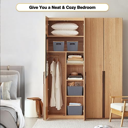 Ohmlove 4 Packs Storage Bins with Bamboo Lids - Plastic Storage Containers with Lids Stackable Storage Box：Storage Baskets for Organizing Desktop Closet Playroom Classroom Office,Gray - Image 5